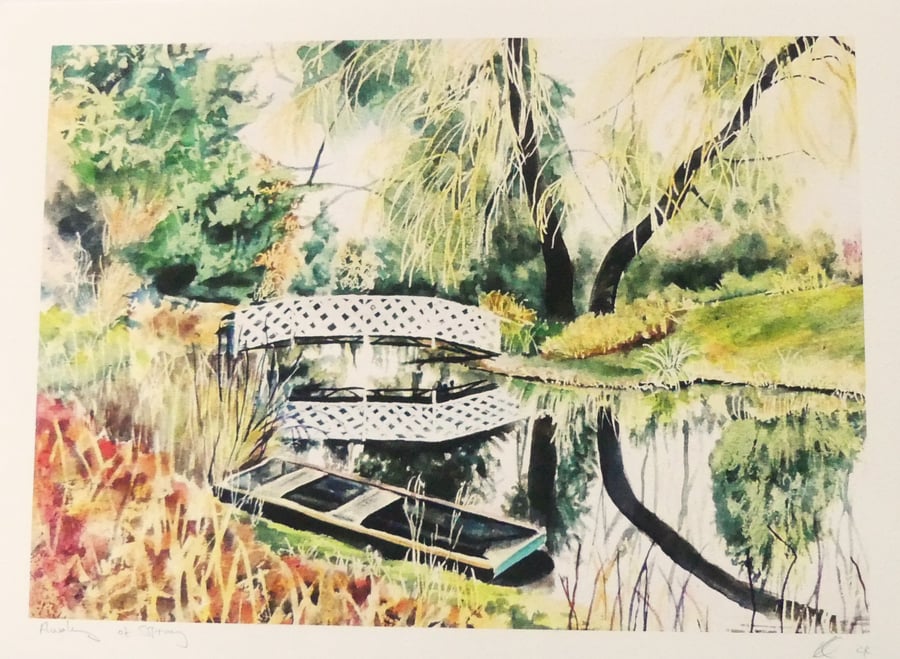Colourful Watercolour Print River Scene of Garden Landscape 