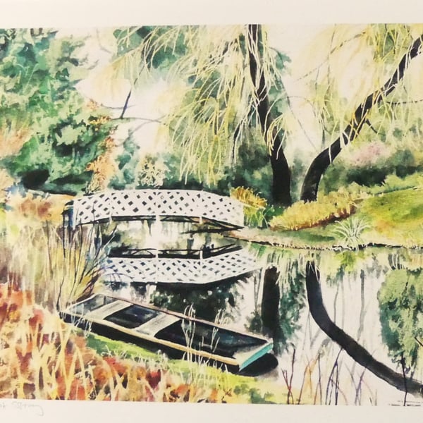 Colourful Watercolour Print River Scene of Garden Landscape 