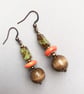 Brown orange and green drop dangle earrings. - Image 2
