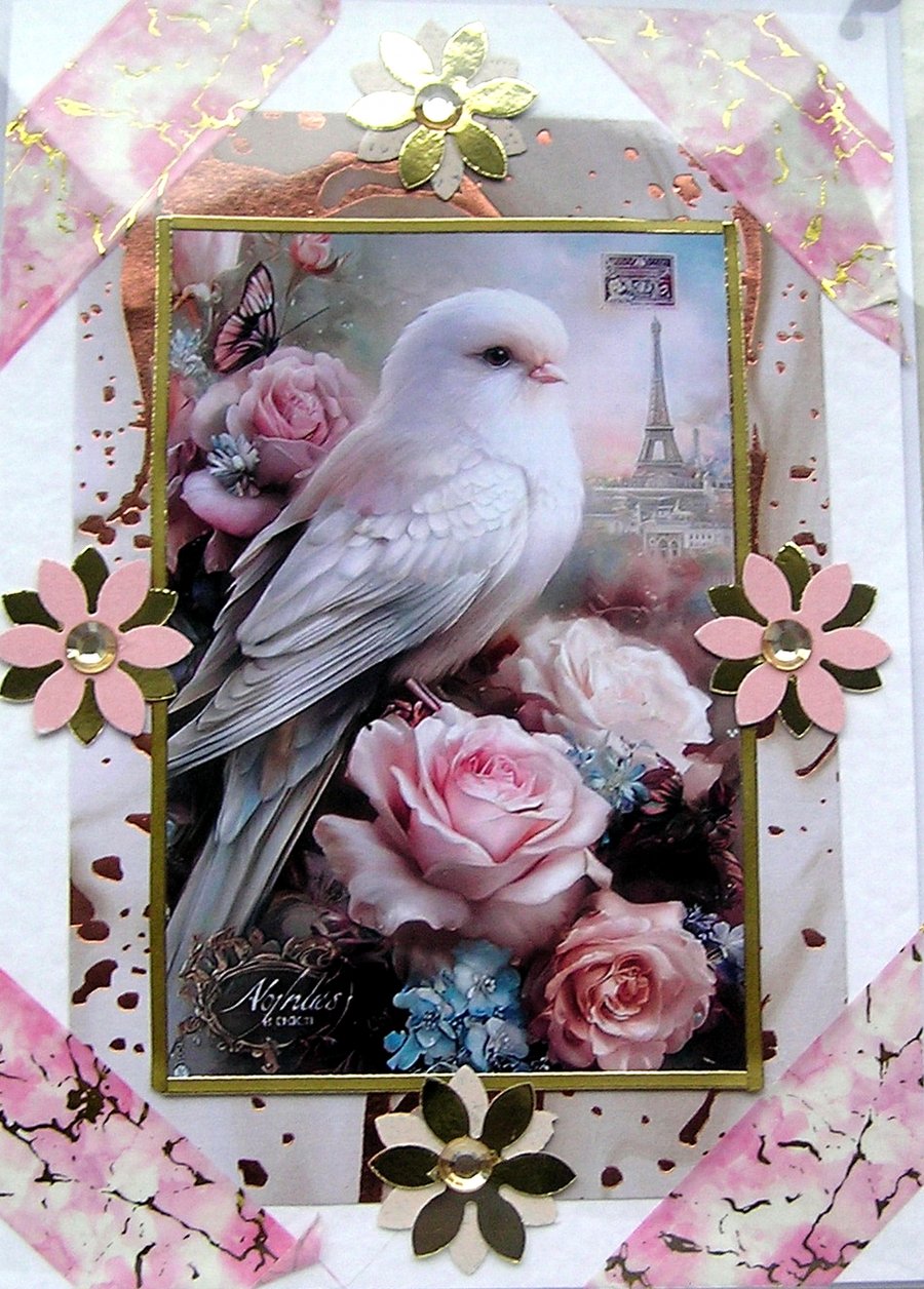 White Dove Bird - Hand Crafted Decoupage Greeting Card - Blank - 3059