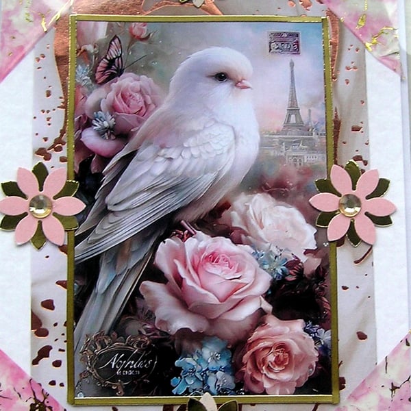 White Dove Bird - Hand Crafted Decoupage Greeting Card - Blank - 3059