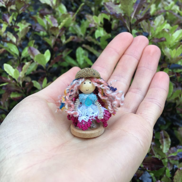 Tiny Button Fairy Decoration With An Acorn Hat - Pink And Blue