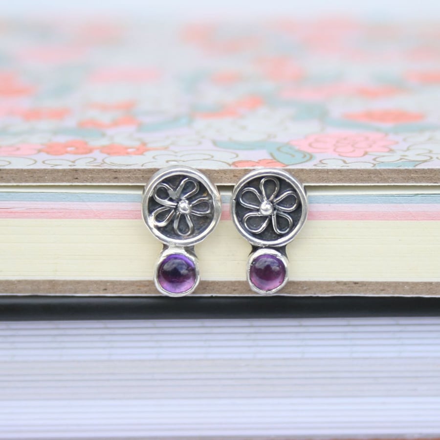 Sterling Silver Botanical Flower Stud Earrings with Amethyst