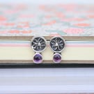 Sterling Silver Botanical Flower Stud Earrings with Amethyst