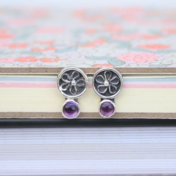 Sterling Silver Botanical Flower Stud Earrings with Amethyst