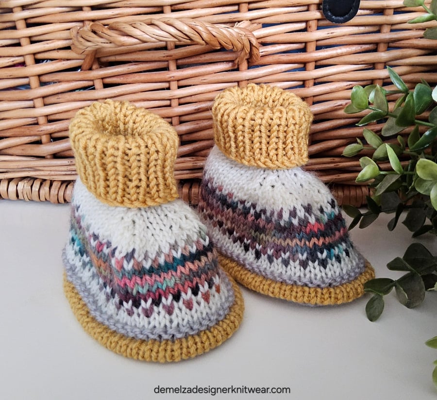 Designer Fairisle 90% % 100% Merino Wool Booties 3-9 months size