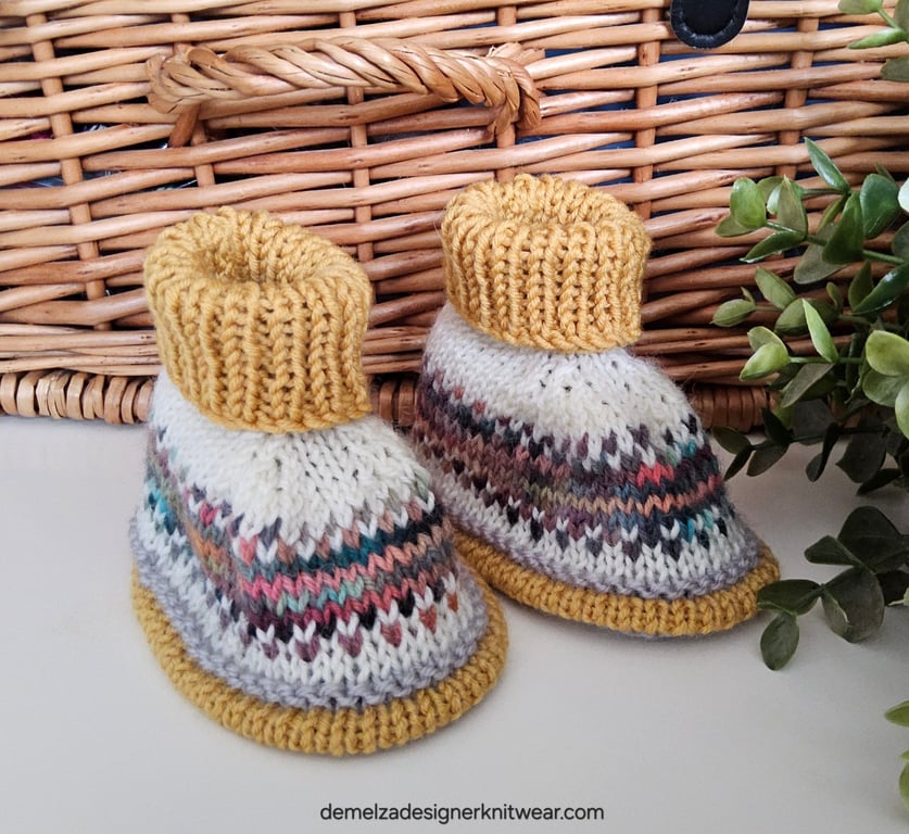Designer Fairisle 90% % 100% Merino Wool Booties 3-9 months size