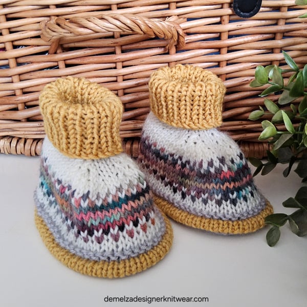 Designer Fairisle 90% % 100% Merino Wool Booties 3-9 months size