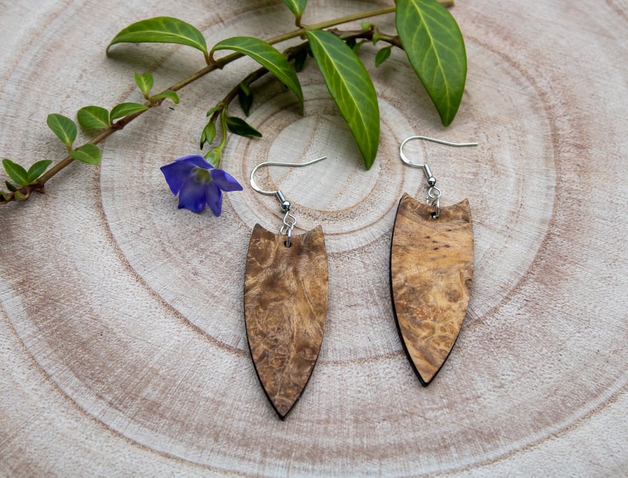 Luxury Walnut Burl Wood Teardrop Earrings Handcrafted Sterling Silver Jewellery