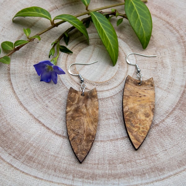 Luxury Walnut Burl Wood Teardrop Earrings Handcrafted Sterling Silver Jewellery