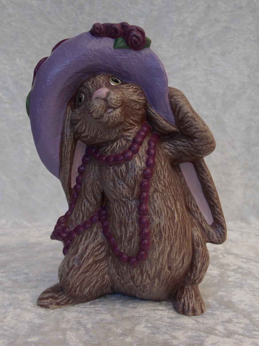 Ceramic Hand Painted Brown Bunny Rabbit Girl Purple Beads Hat Figurine Ornament.