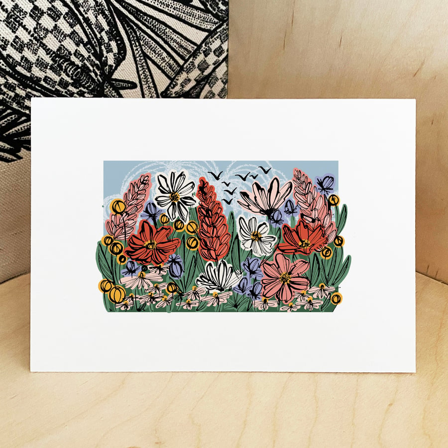 Spring Meadow Art Print - A4 - Floral Print, Vibrant Flower Print