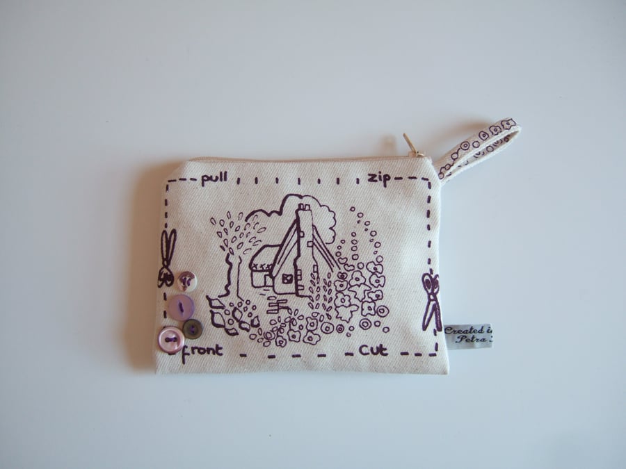 Hand screen printed coin purse, pouch, cosmetics or make up bag  F19 