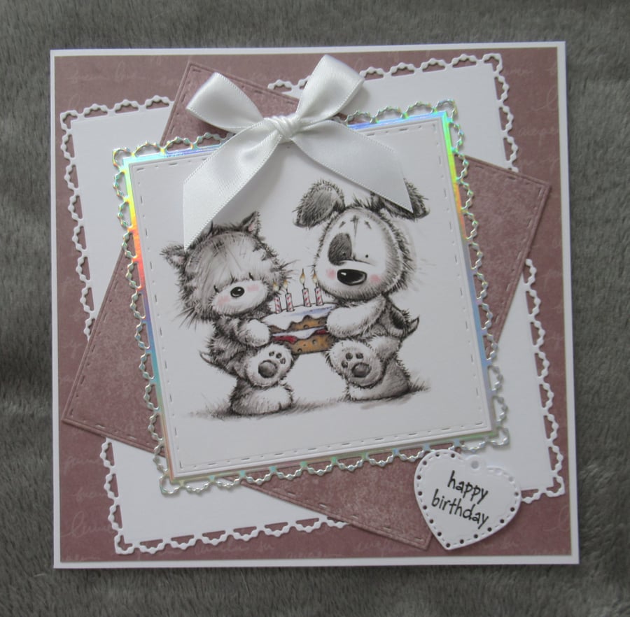 Cat & Dog With Birthday Cake - Square Birthday Card