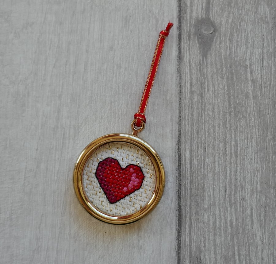 Red Cross Stitch Heart in Gold Frame - Christmas Tree Decoration