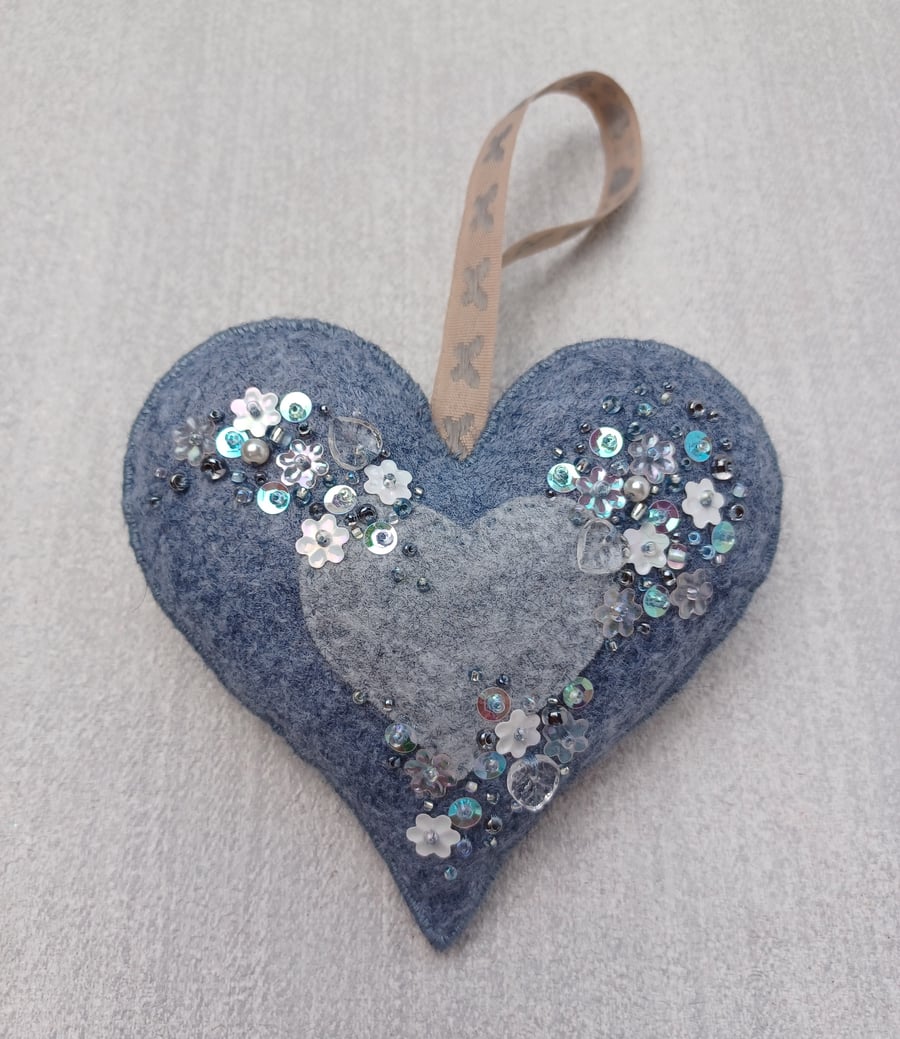 Grey beaded heart, Anniversary gift, felt decoration, hanging ornament