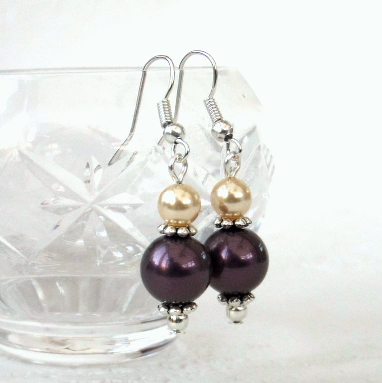 Mocha shell pearl earrings, with cream crystal pearl by Swarovski