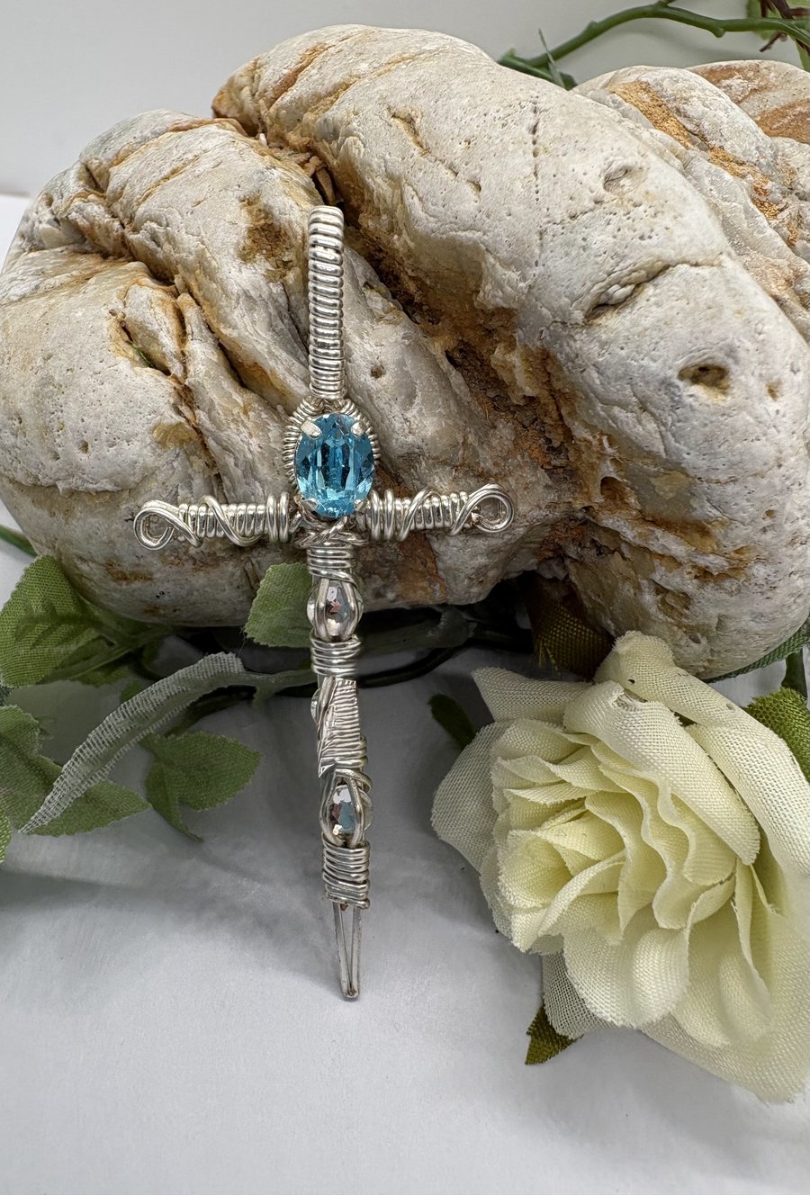 Silver Wire wrapped sword pendant with faceted glass crystals