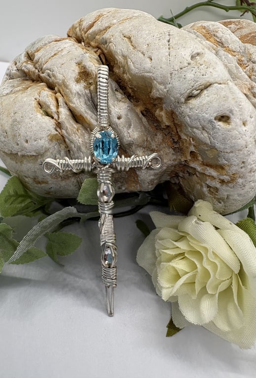 Silver Wire wrapped sword pendant with faceted glass crystals