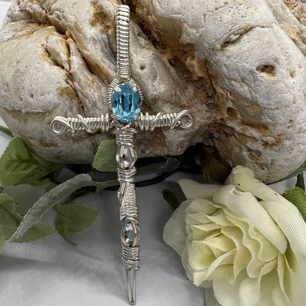 Silver Wire wrapped sword pendant with faceted glass crystals