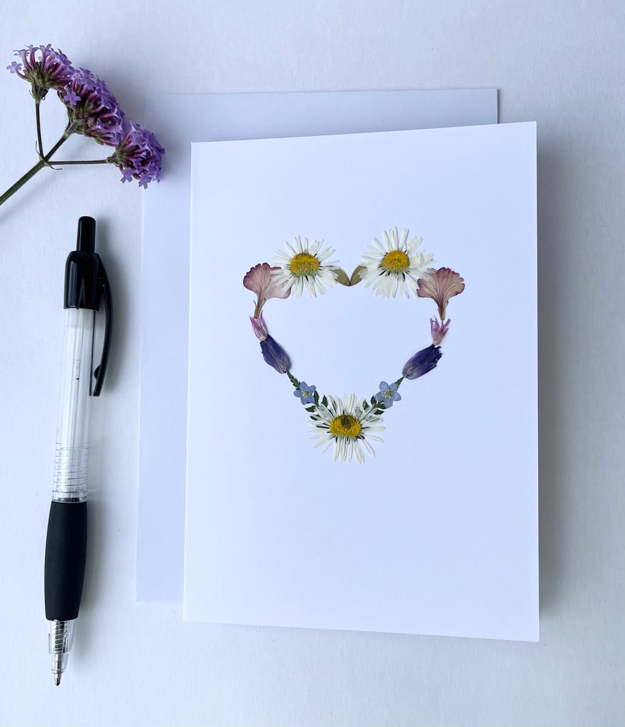Handmade Real Pressed Flower Heart, Greeting Card, Blank