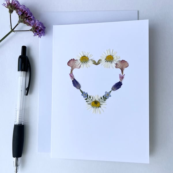 Handmade Real Pressed Flower Heart, Greeting Card, Blank