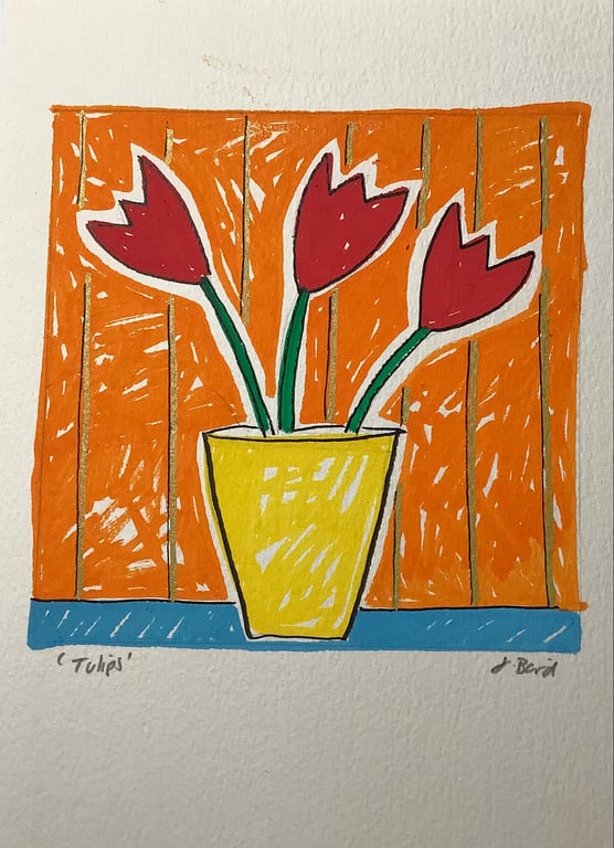 Original drawing. Red tulips. Bright, colourful. Home decor. Spring. Flowers 