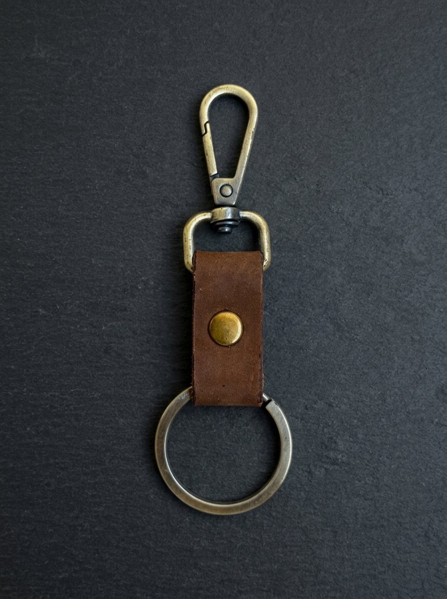 Rustic Brown Full Grain Compact Leather Snap Hook Keychain Handmade UK