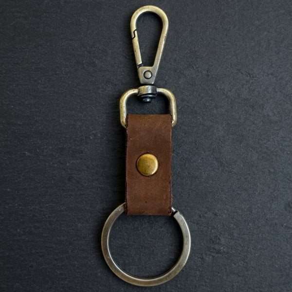 Rustic Brown Full Grain Compact Leather Snap Hook Keychain Handmade UK