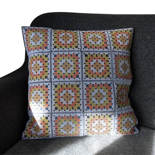 Giant Cross Stitch Cushion, Denim Cushion, 40cm Cushion, Granny Square gift