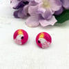 Cockatoos on hot pink fabric button stud earrings nature or bird lover