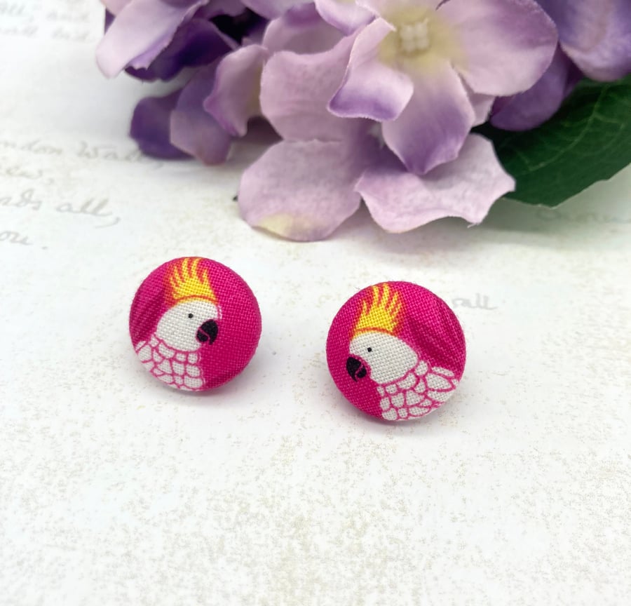 Cockatoos on hot pink fabric button stud earrings nature or bird lover