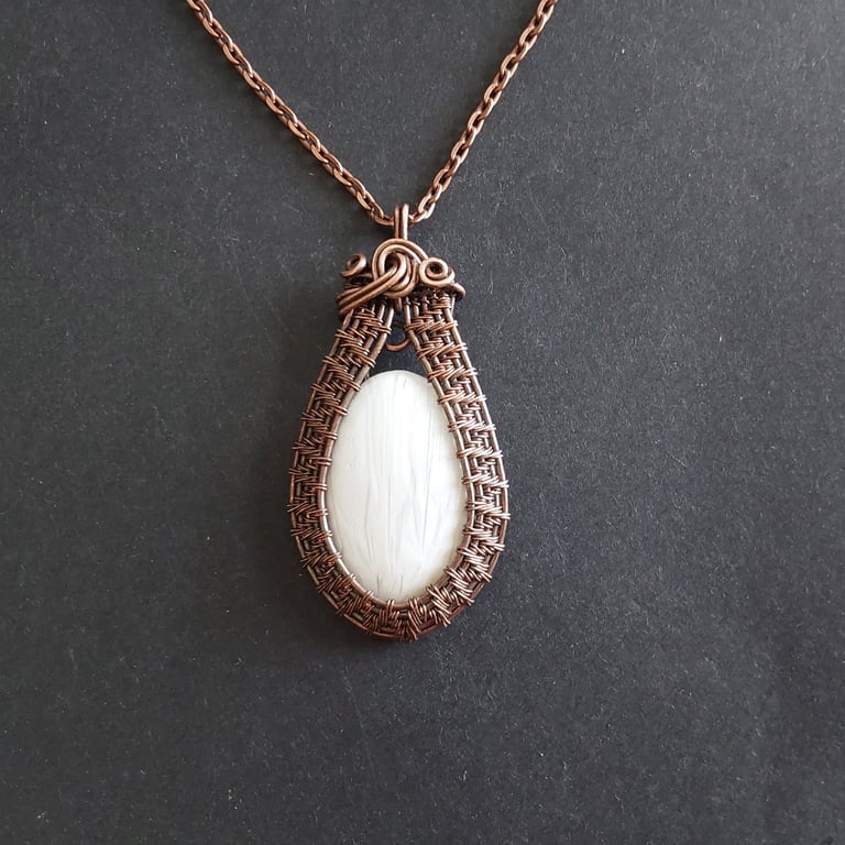 Antiqued copper wire weave Scolecite pendant and chain 