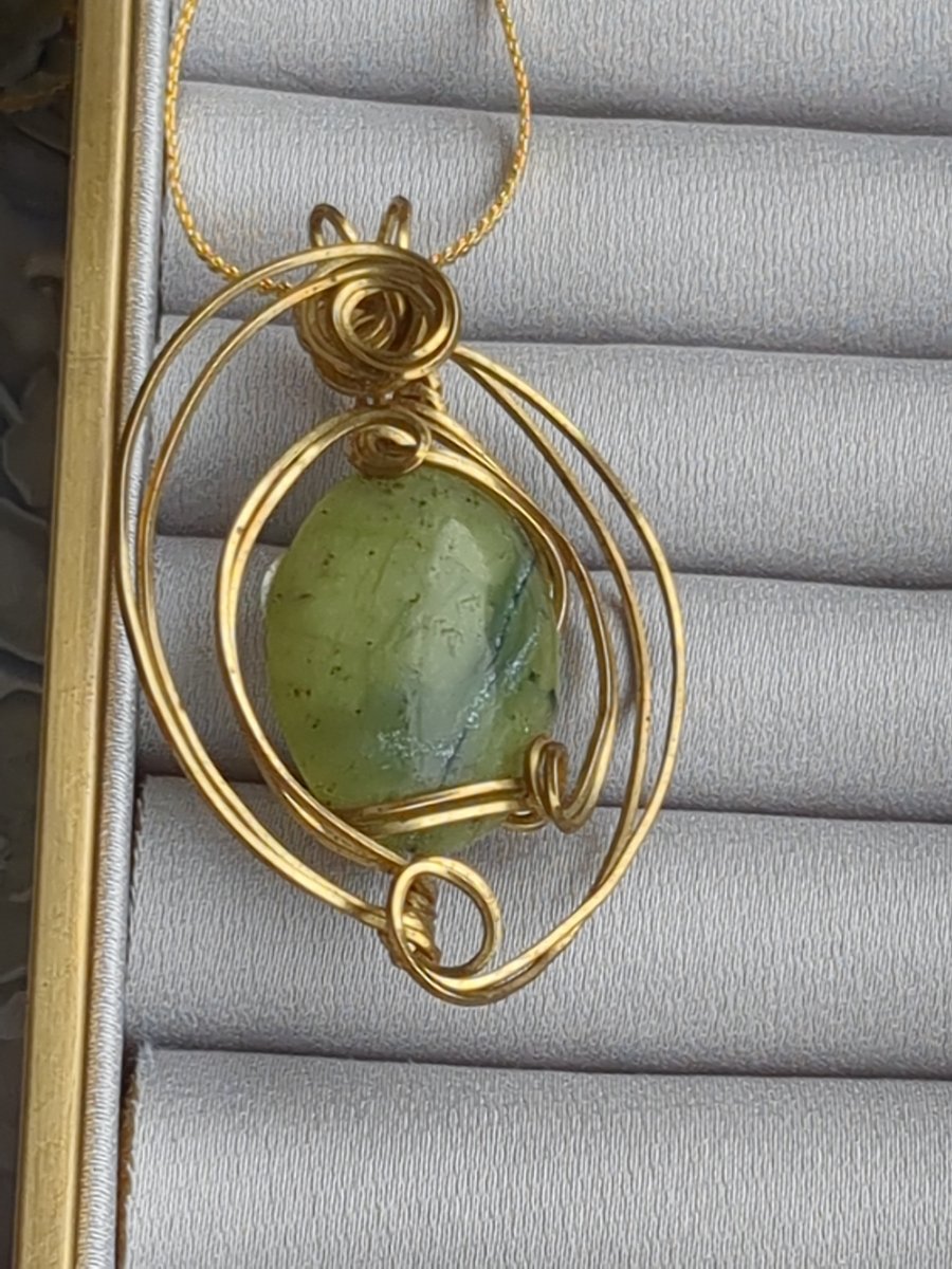 Green jasper in 14ct gold filled wire pendant 