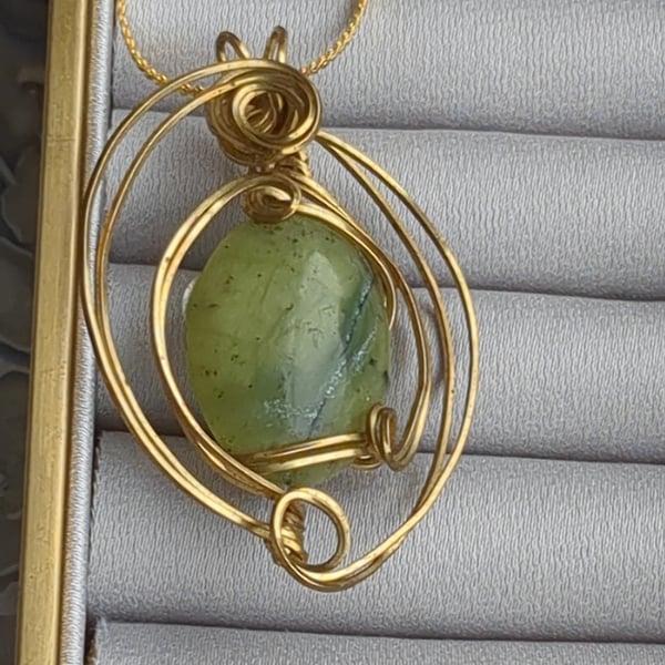 Green jasper in 14ct gold filled wire pendant 