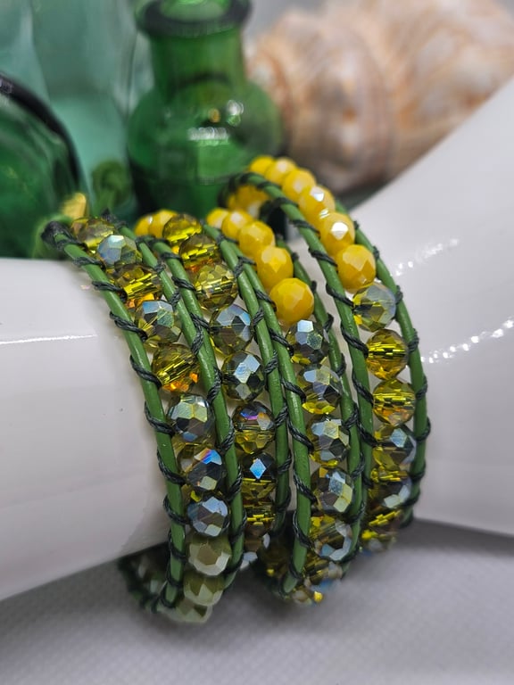 Green and yellow opaque leather triple wrap Boho bracelet with gold clasp