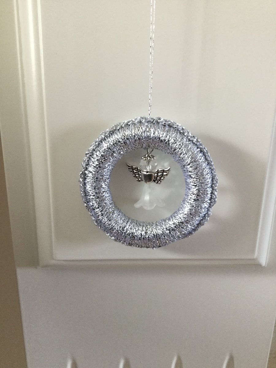 Beaded Angel Tree Decoration in Silver and White