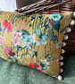Yellow floral velvet cushion cover with blush pink cotton back and pompoms - Image 2