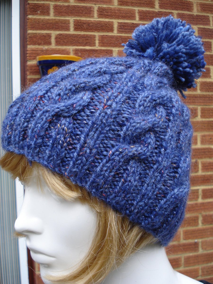 Chunky Hand Knitted Dark Blue Hat With Cables, Sparkle and Large Bobble (R290)