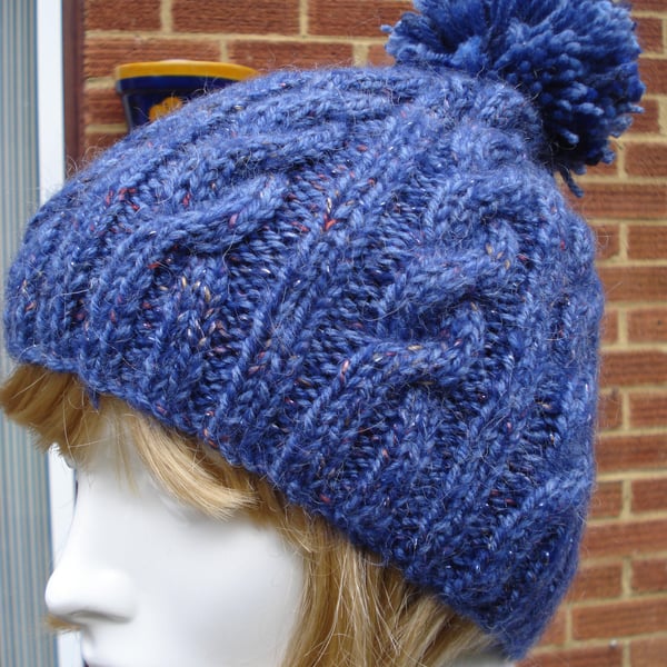 Chunky Hand Knitted Dark Blue Hat With Cables, Sparkle and Large Bobble (R290)