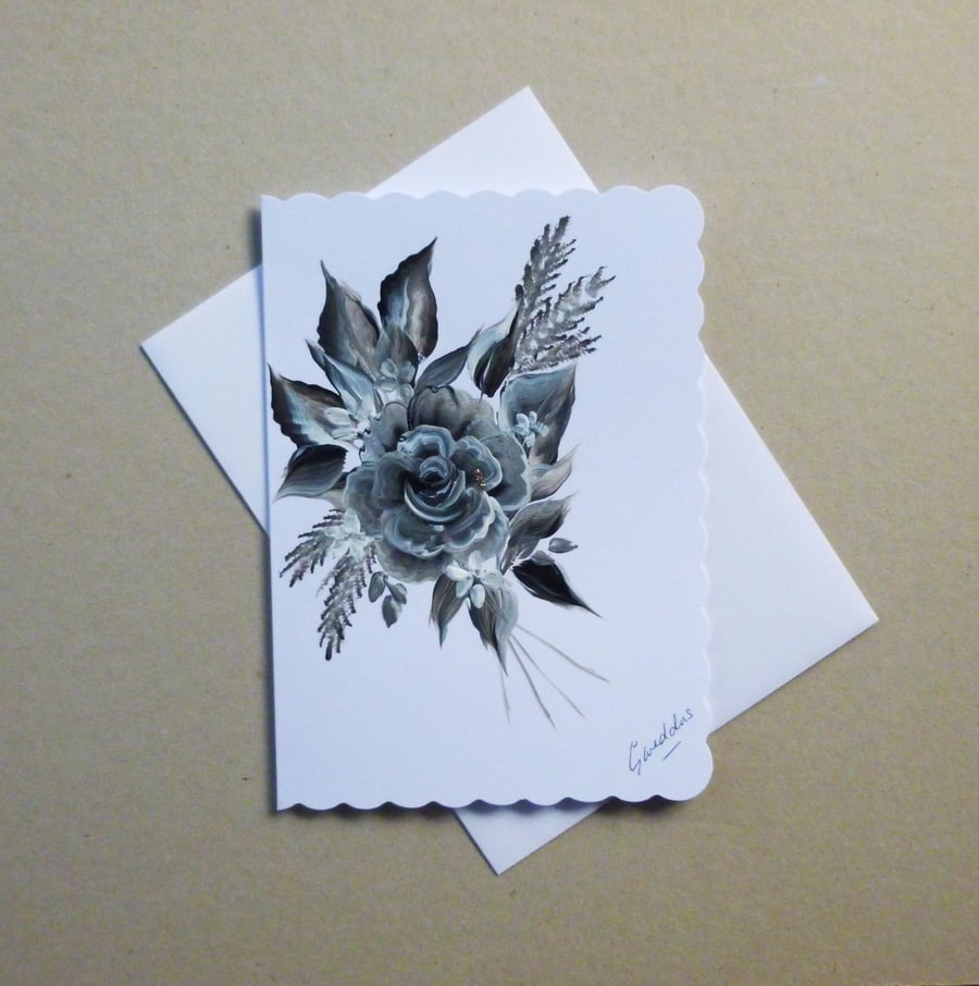 hand painted floral rose  blank greetings card ( ref FA 120 C1 )