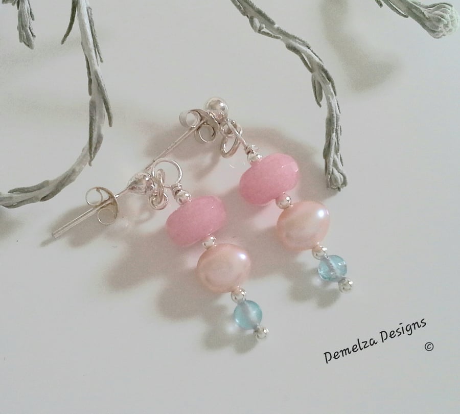 Pink Jade, Apatite & Freshwater Culture Pearl Stud  Sterling Silver Earrings