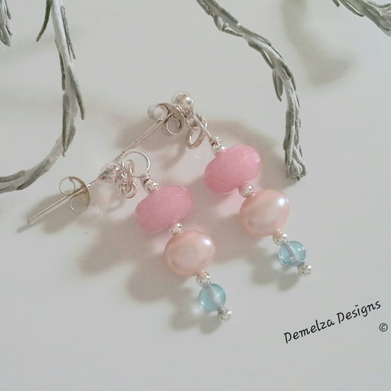 Pink Jade, Apatite & Freshwater Culture Pearl Stud  Sterling Silver Earrings