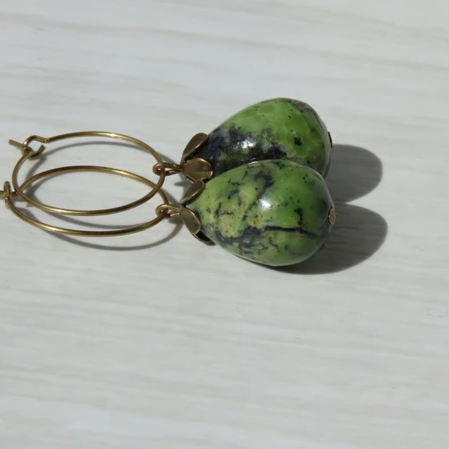 Earrings Green Turquoise Drops On Hypoalergenic Brass Hoops