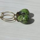 Earrings Green Turquoise Drops On Hypoalergenic Brass Hoops