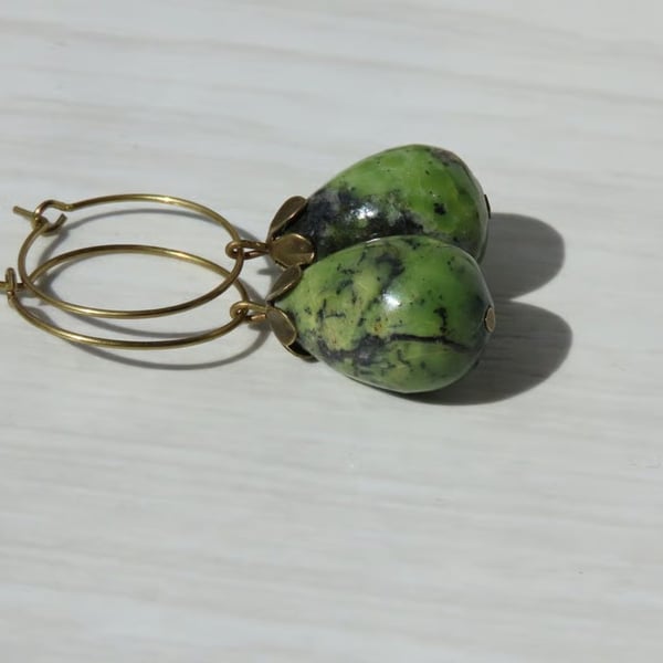 Earrings Green Turquoise Drops On Hypoalergenic Brass Hoops