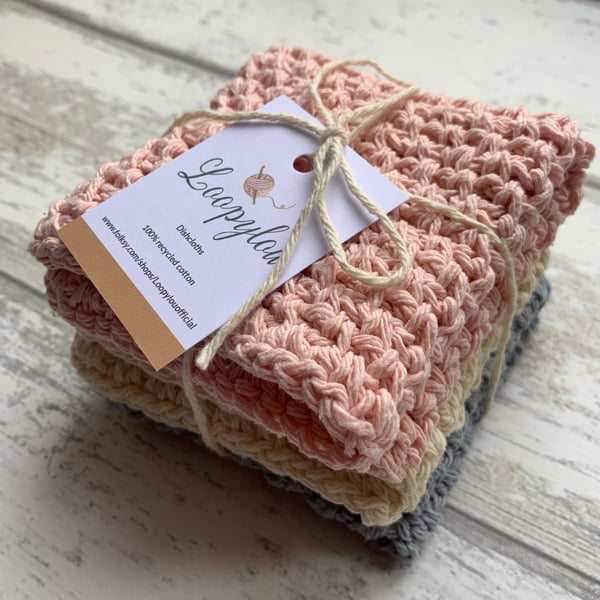 Set of 3 handmade reusable dishcloths made from 100% recycled cotton