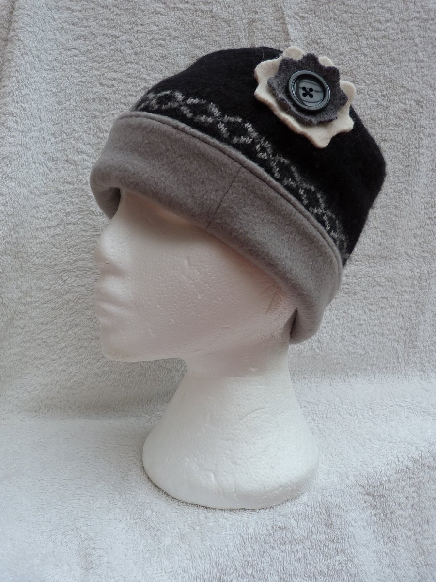 Wool Hat Created from Up-cycled Sweaters. Black & White.