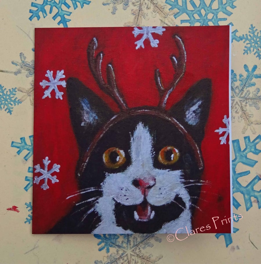 Christmas Kitty Cat Art Greeting Card From my Original Acrylic Painting Reindeer