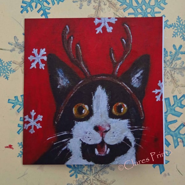 Christmas Kitty Cat Art Greeting Card From my Original Acrylic Painting Reindeer